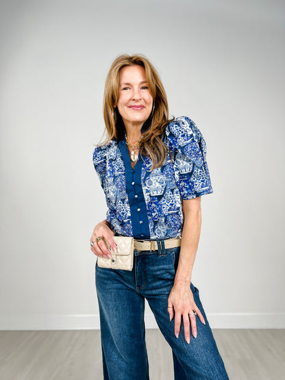 Printed Short Puff Sleeve Top with Contrast Trim Neckline