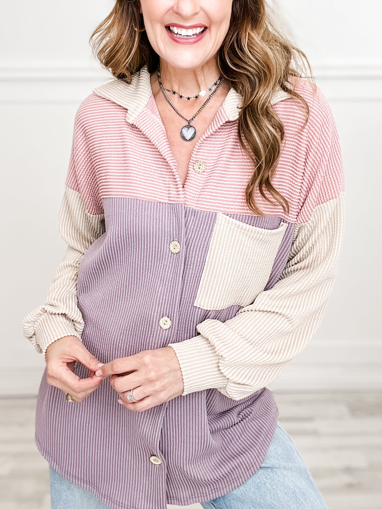 Long Sleeve Color Block Button Down Shacket with Collar