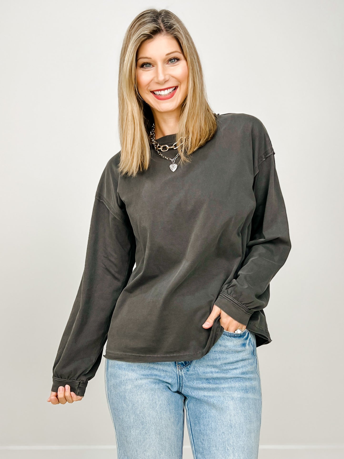 Pigment Washed Cotton Edge Long Sleeve Crew Top GRP A