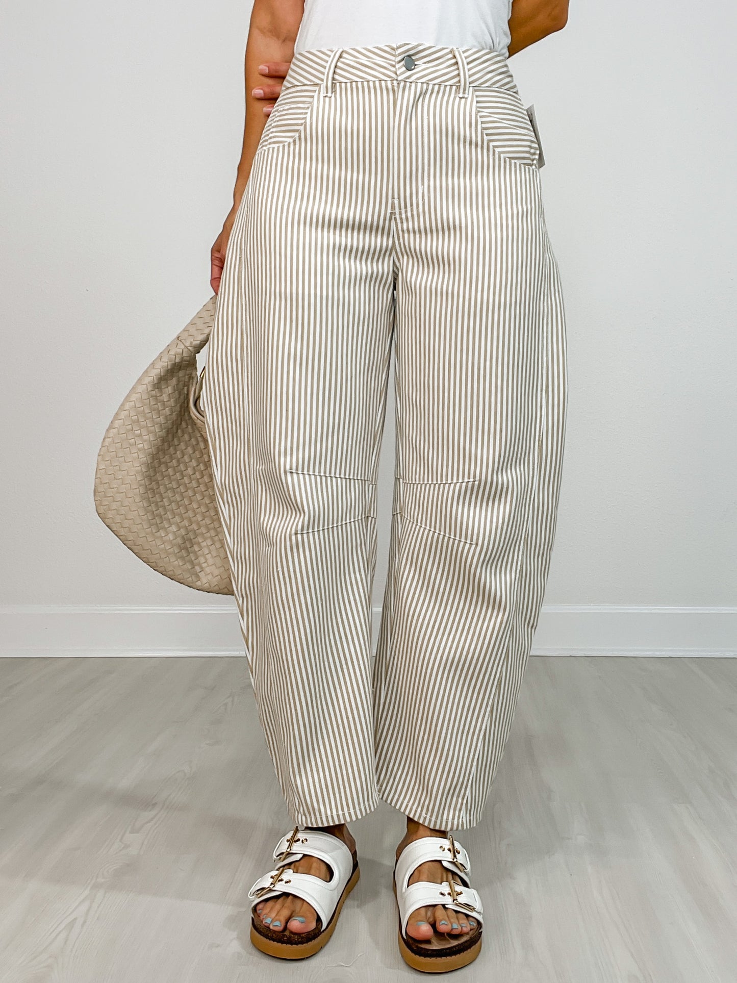 Mid Rise Barrel Pin Stripe Pants