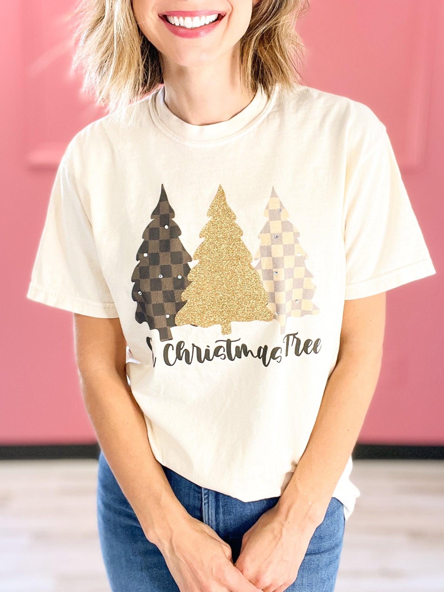 Designer Christmas Tree Glitter Rhinestone Graphic Tee