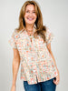 Botanical Print Short Sleeve Split Neckline Top