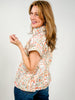 Botanical Print Short Sleeve Split Neckline Top