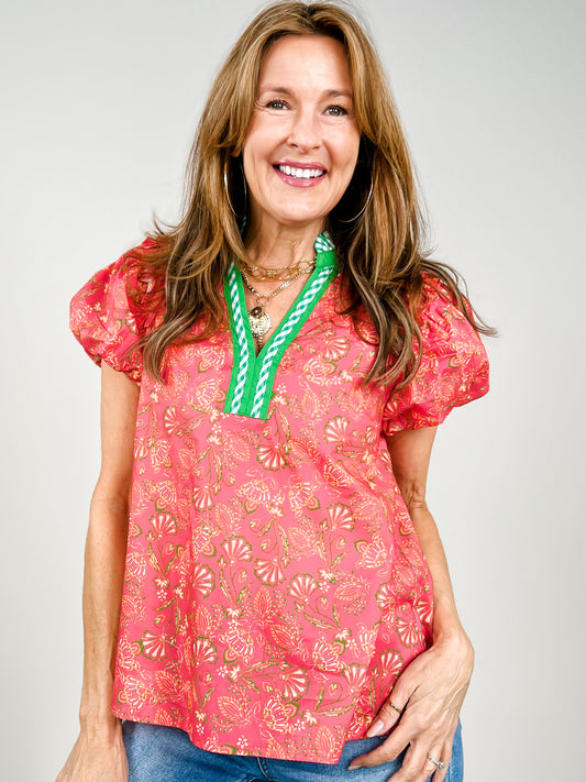 Floral Print Short Puff Sleeve Contrast V-Neck Top