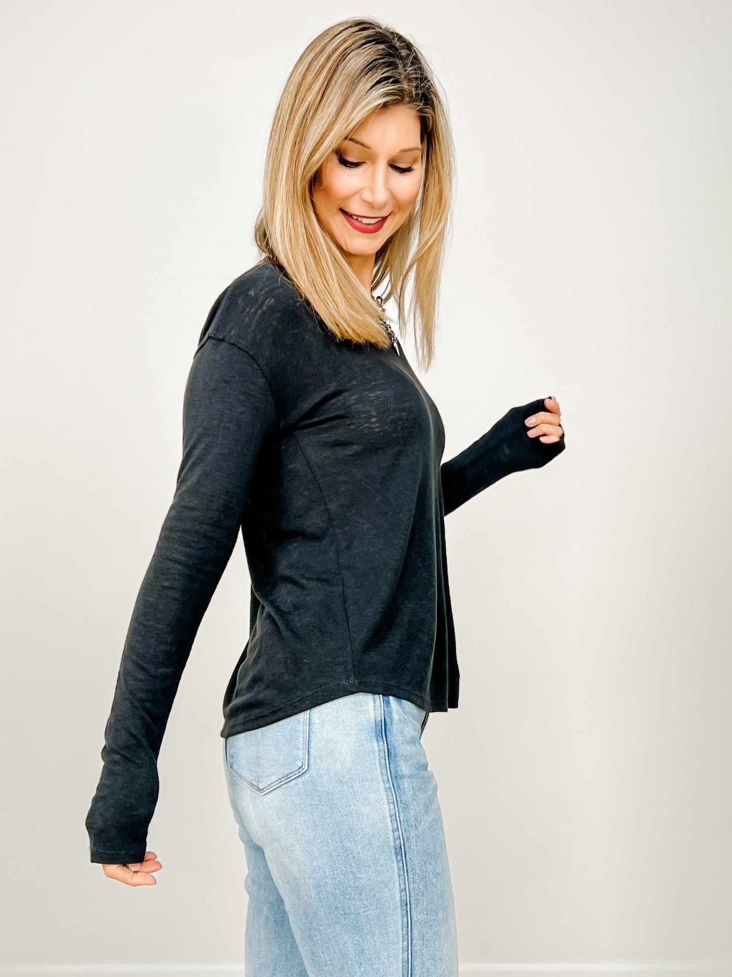 Slub Knit Drop Shoulder Long Sleeve Top