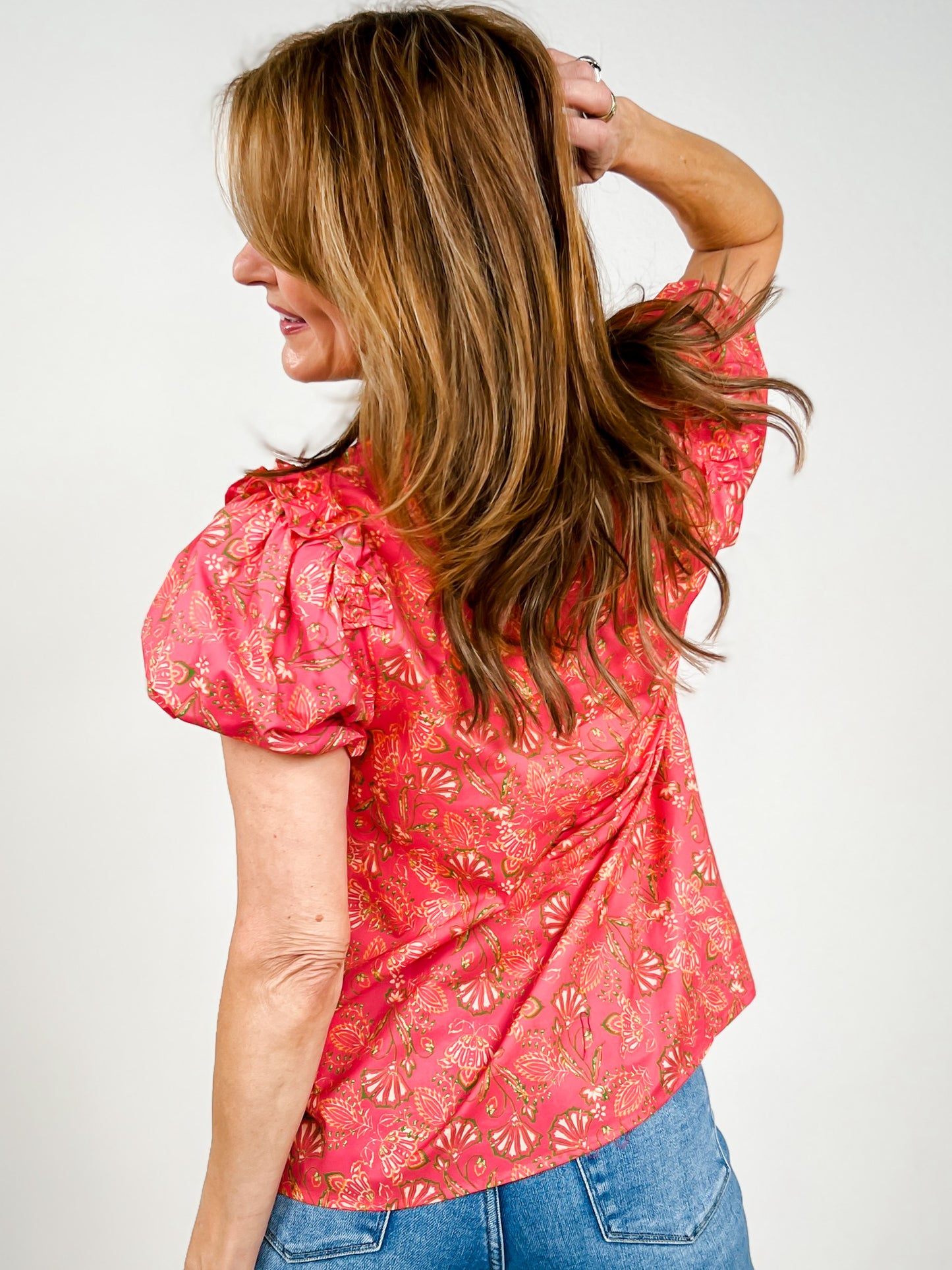 Floral Print Short Puff Sleeve Contrast V-Neck Top