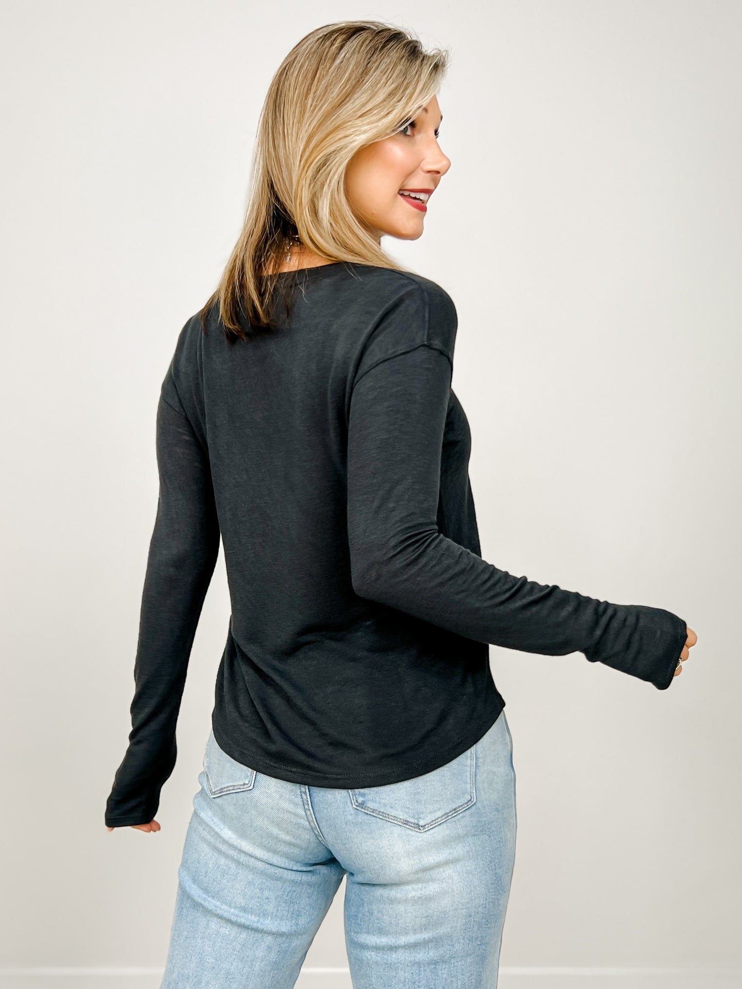 Slub Knit Drop Shoulder Long Sleeve Top