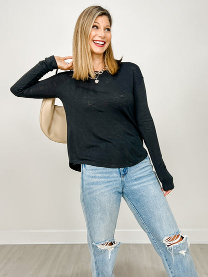 Slub Knit Drop Shoulder Long Sleeve Top