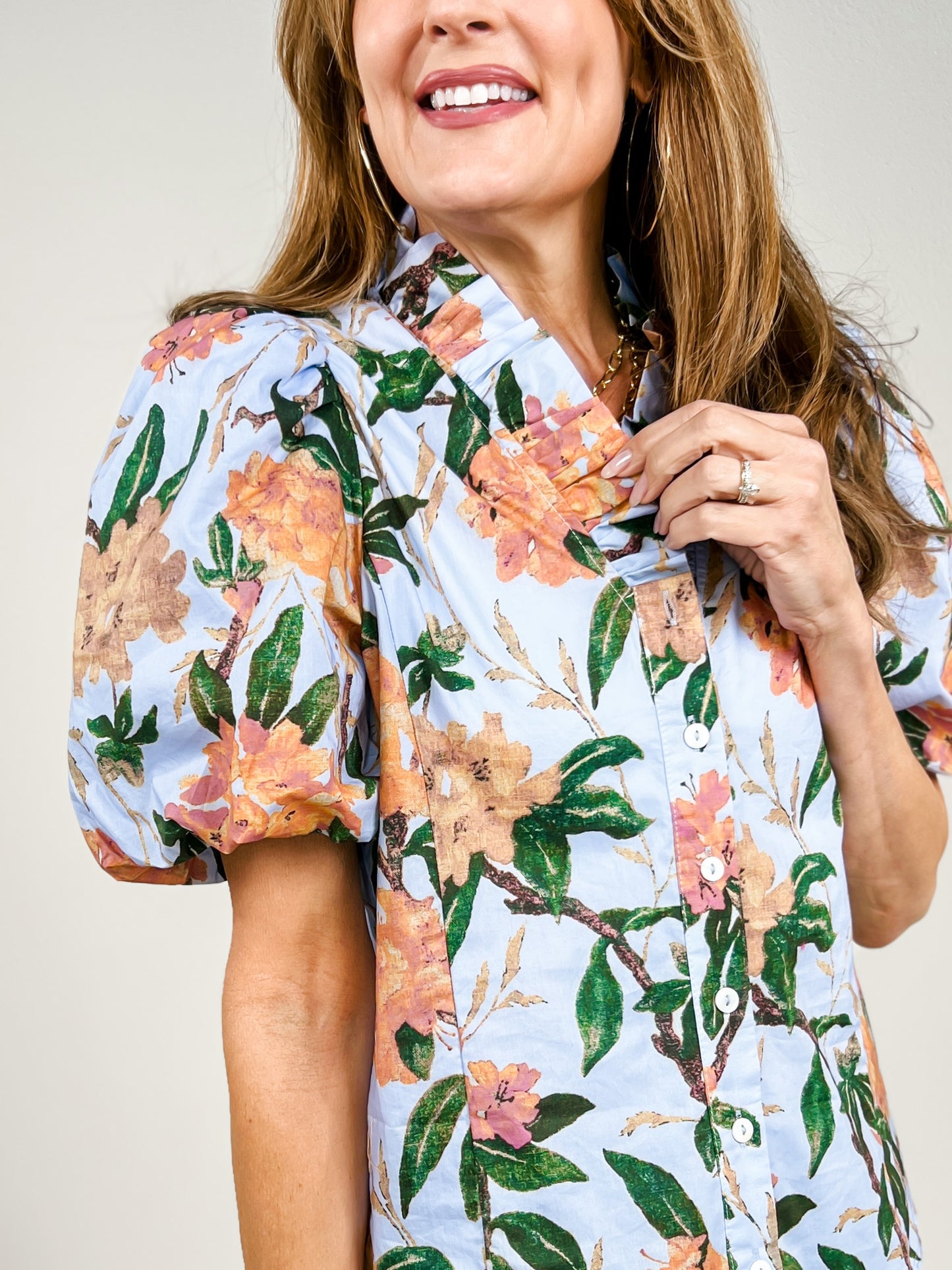 Floral Print Short Puff Sleeve Top with Ruffled V-Neckline