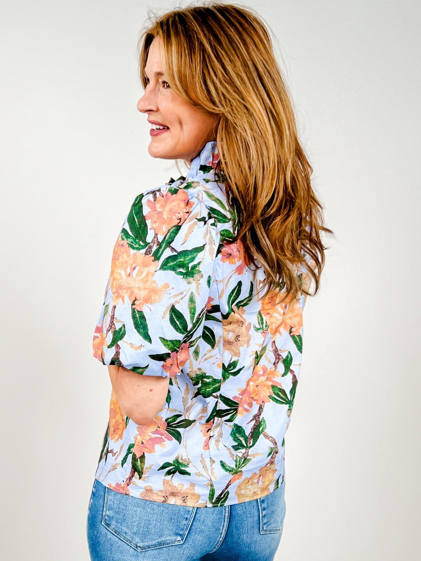 Floral Print Short Puff Sleeve Top with Ruffled V-Neckline