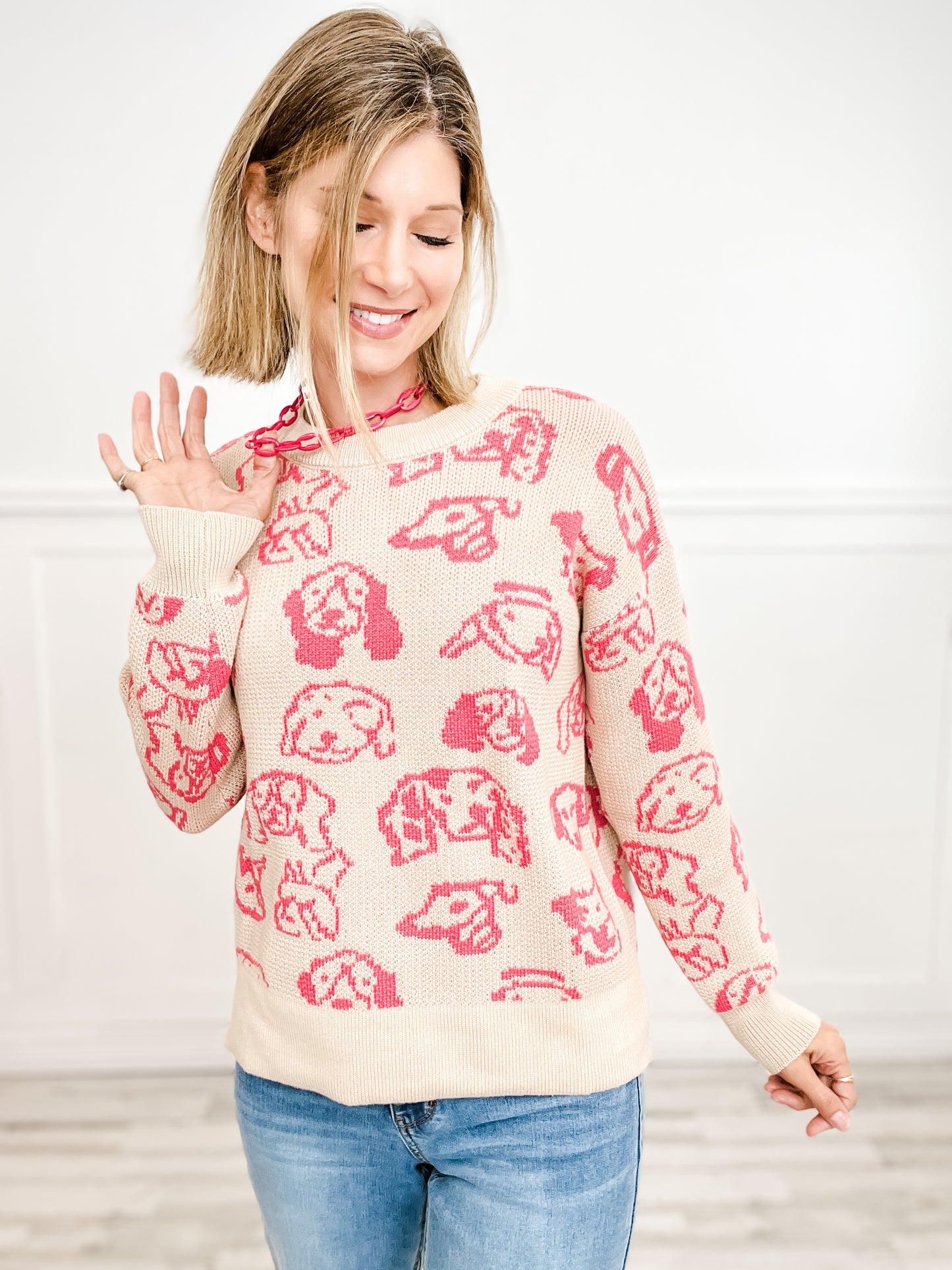 Long Sleeve Dog Print Knit Sweater