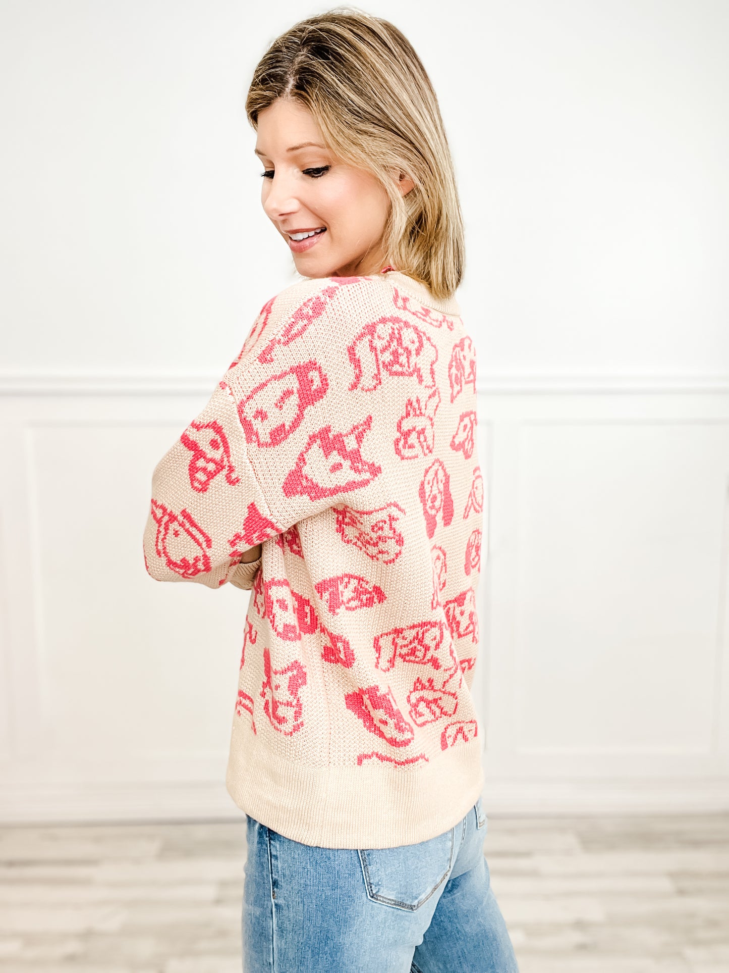 Long Sleeve Dog Print Knit Sweater