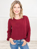 Long Sleeve Round Neck One Side Shoulder Shirring Top