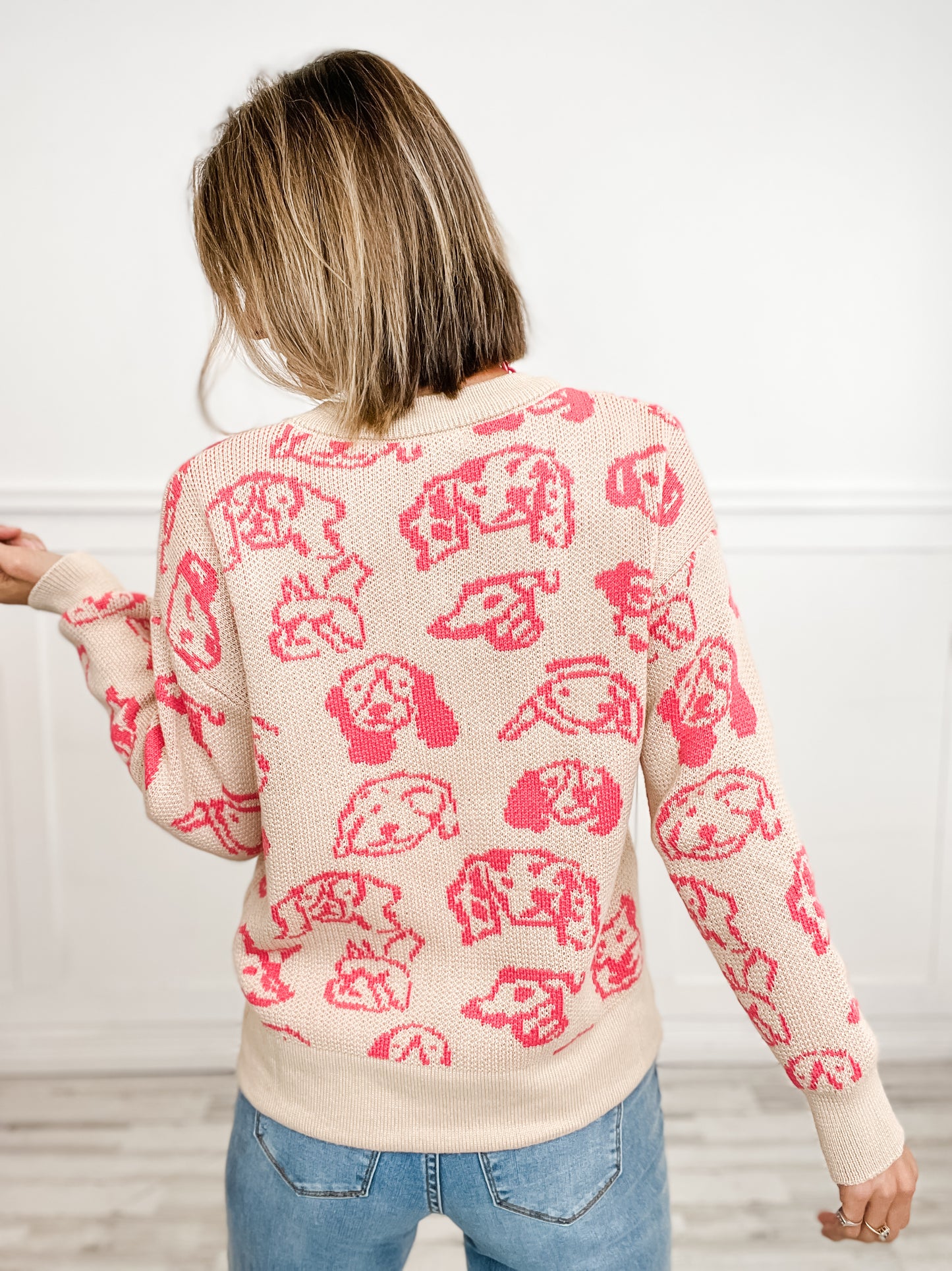 Long Sleeve Dog Print Knit Sweater