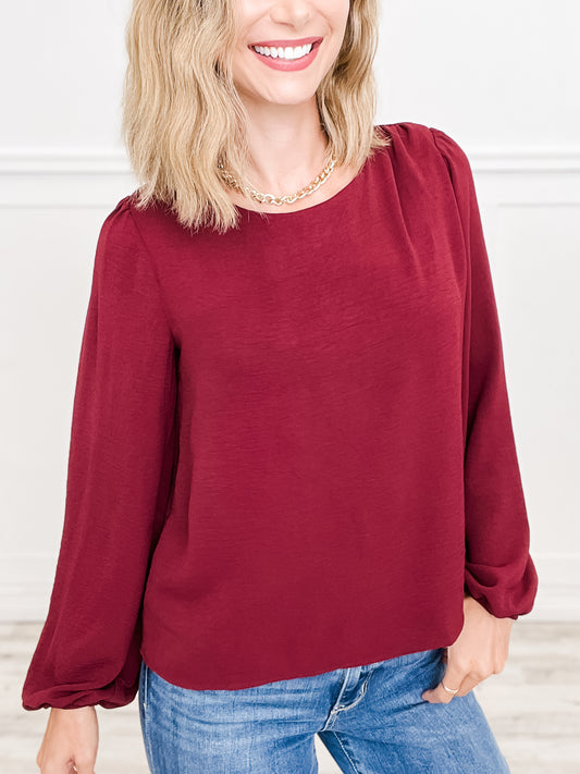 Long Sleeve Round Neck One Side Shoulder Shirring Top