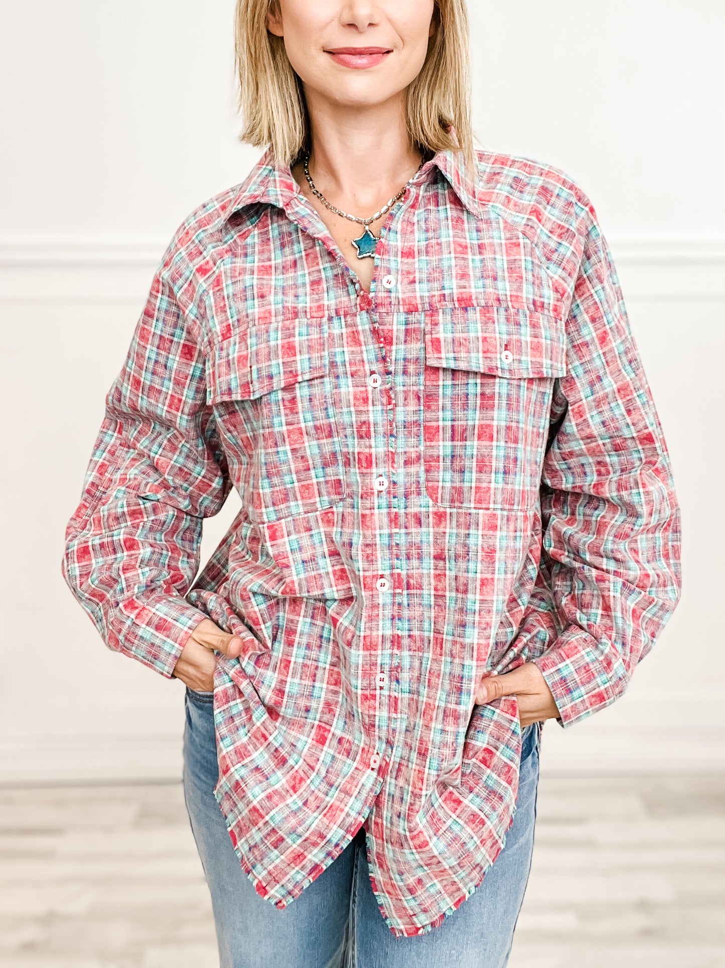 Long Sleeve Check Knit Button Down Top