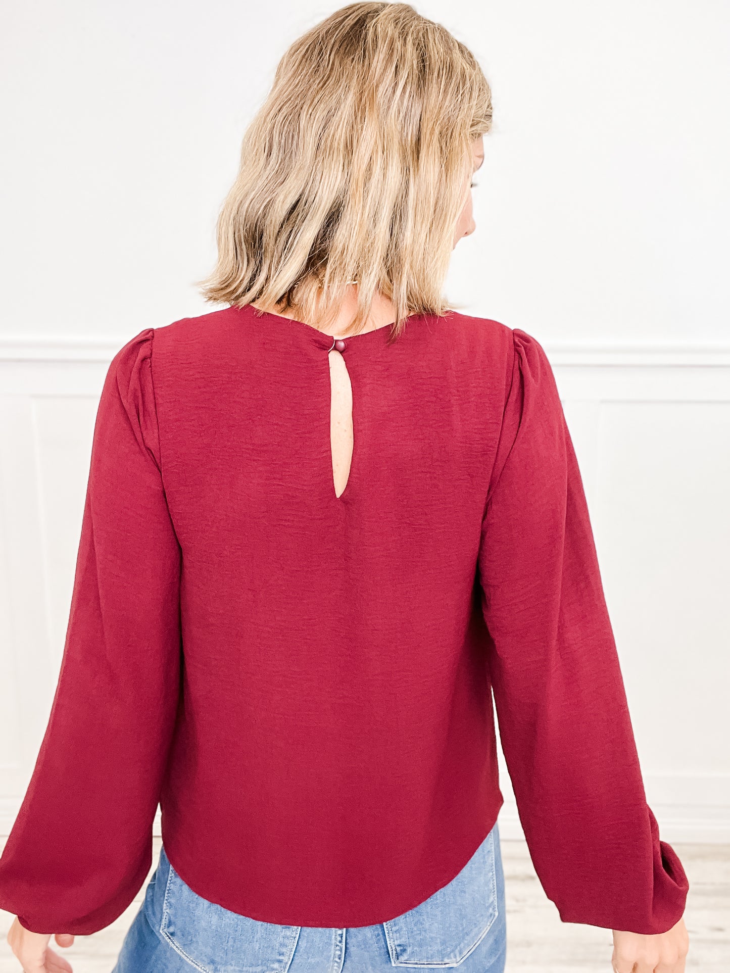 Long Sleeve Round Neck One Side Shoulder Shirring Top