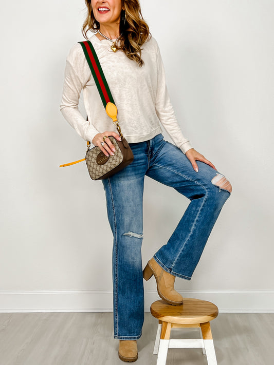 Hacci Slub Crew Neck L/s Top W/ Rib Detail