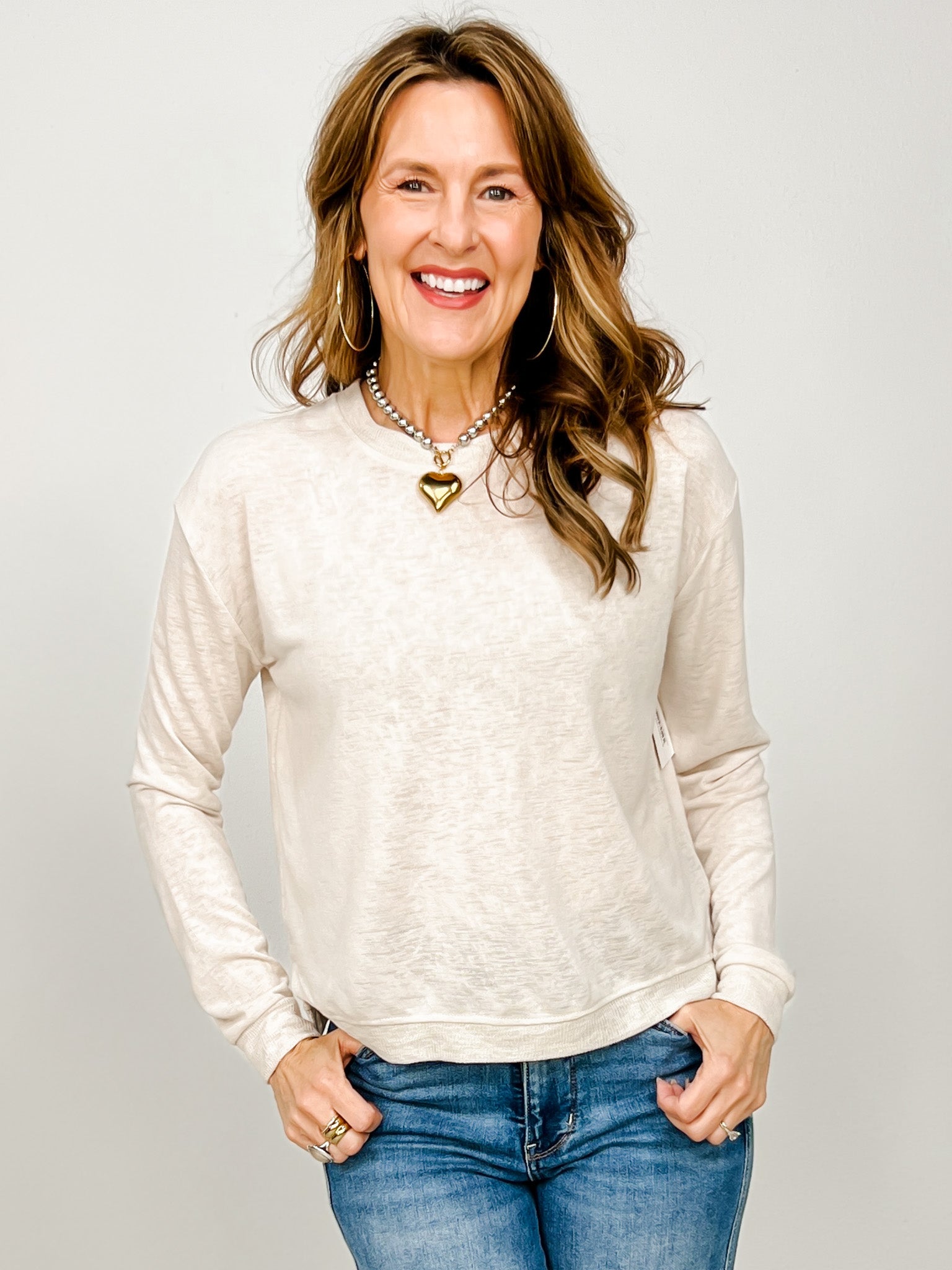 Hacci Slub Crew Neck L/s Top W/ Rib Detail