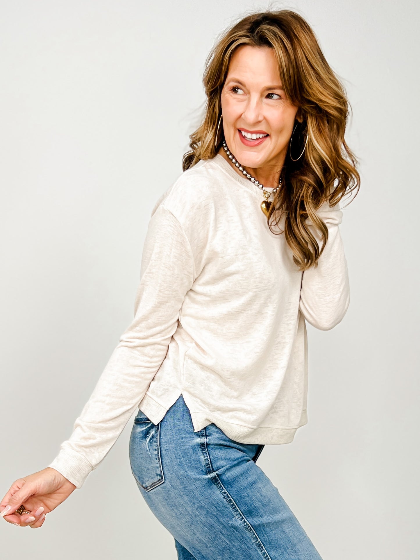 Hacci Slub Crew Neck L/s Top W/ Rib Detail