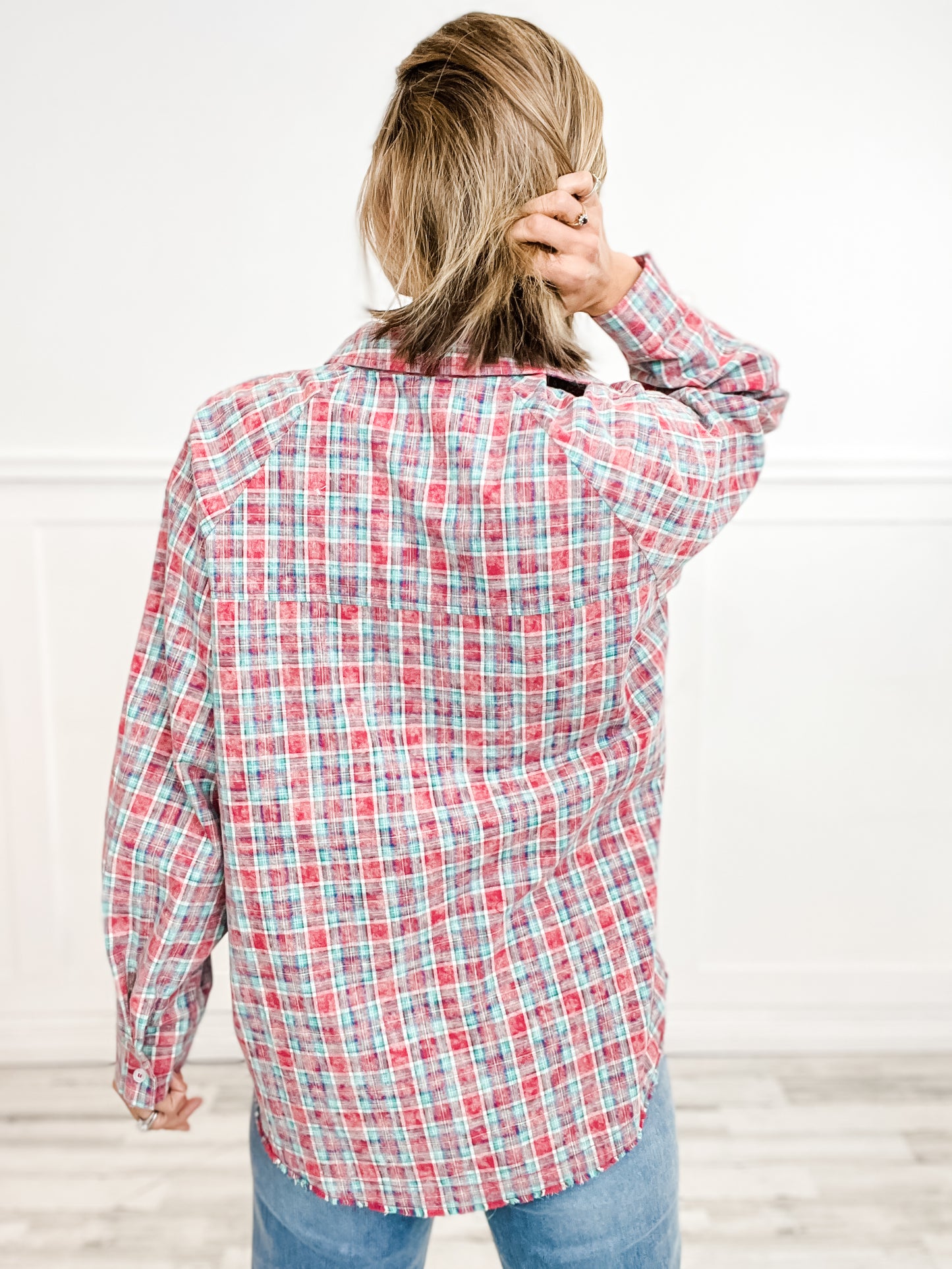 Long Sleeve Check Knit Button Down Top