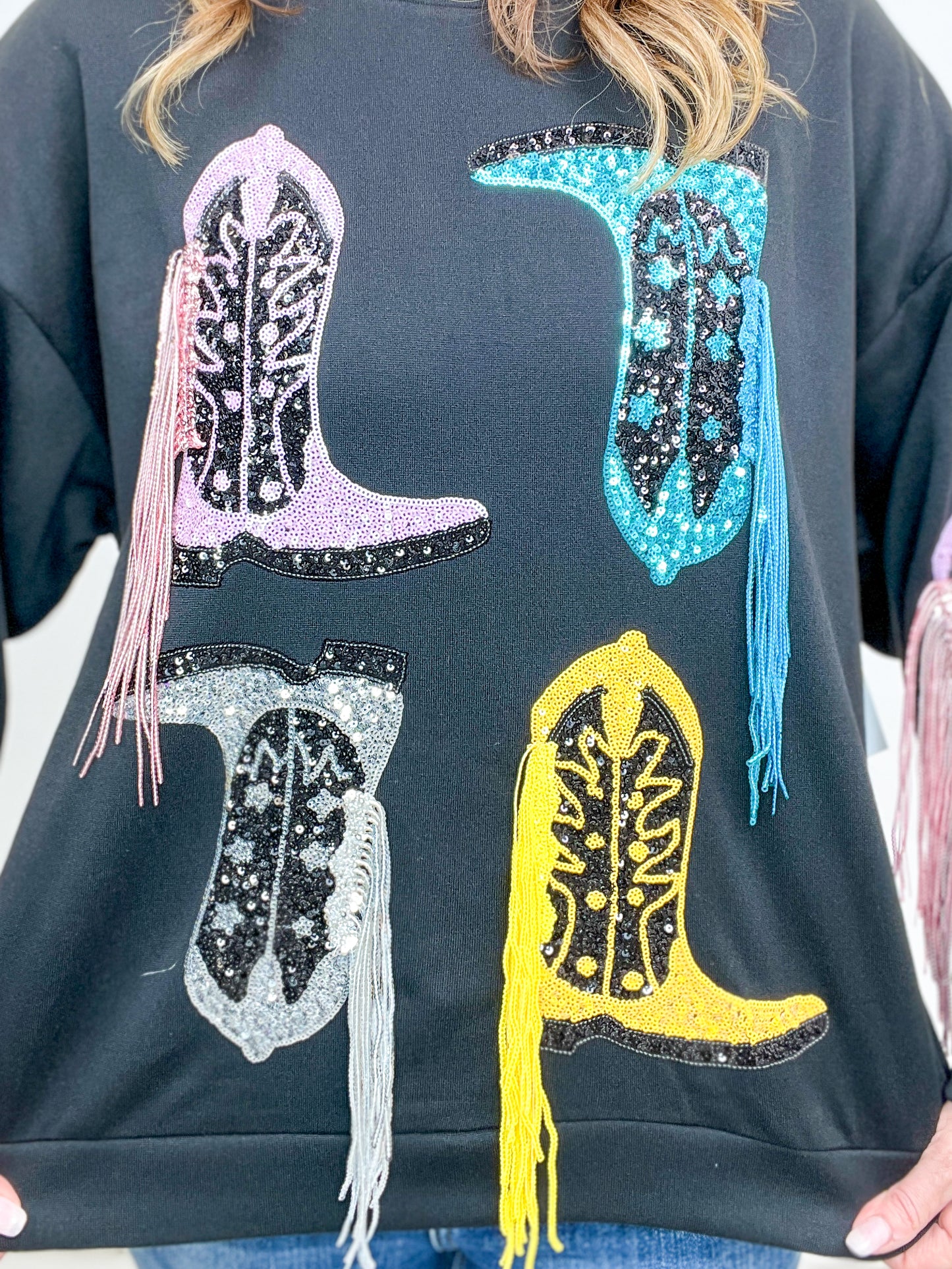 Western Boots Sequin Embroidered Sweatshirt Top