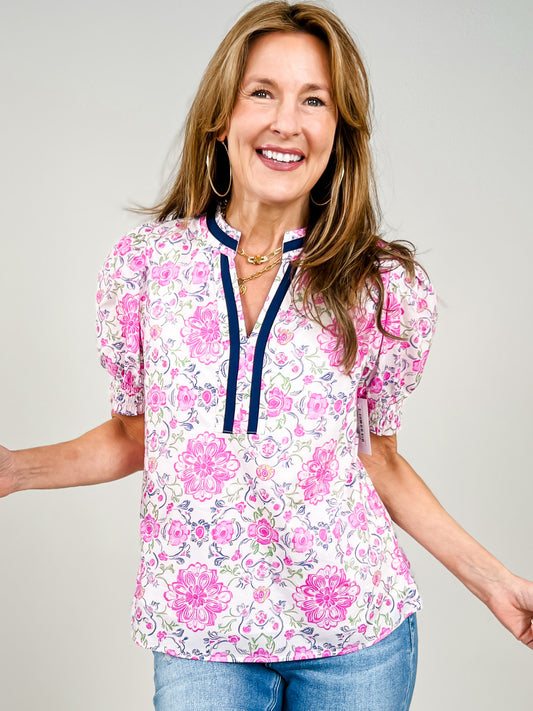 Short Puff Sleeve Color Contrast V-notched Neck Floral Top