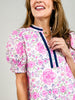 Short Puff Sleeve Color Contrast V-notched Neck Floral Top