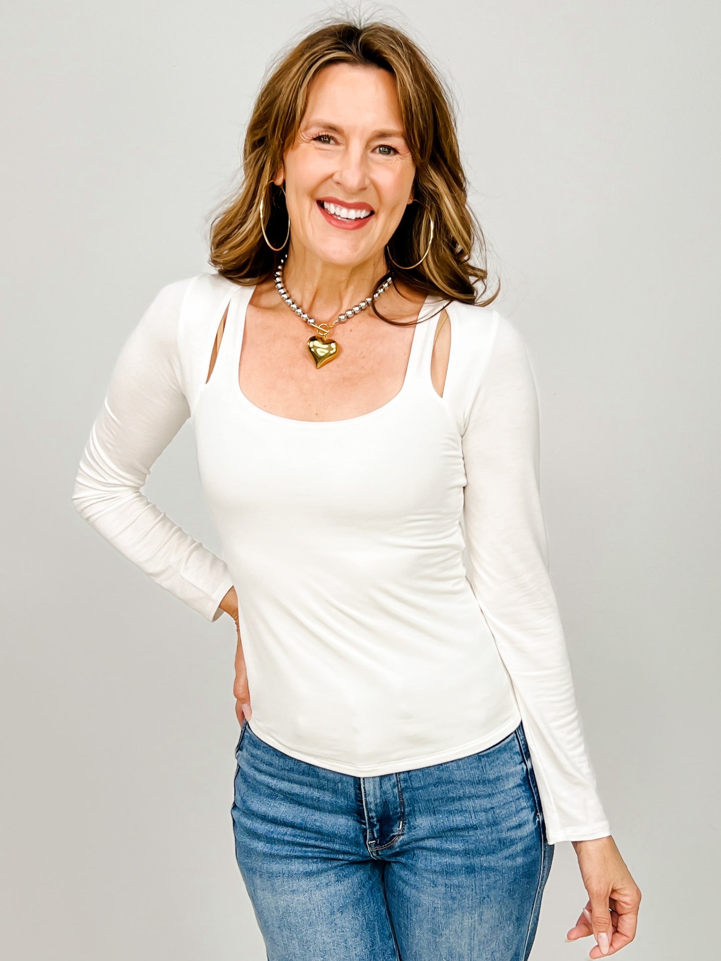 Double Slit Scoop Neck Long Sleeve Top