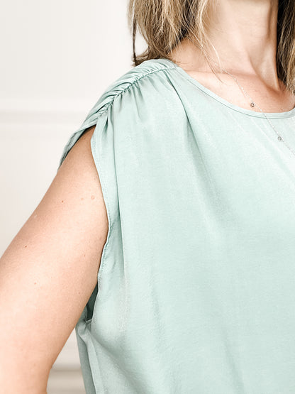 Strollin' Sleeveless Boat Neck Shirring Detail Satin Top