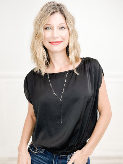 Strollin' Sleeveless Boat Neck Shirring Detail Satin Top
