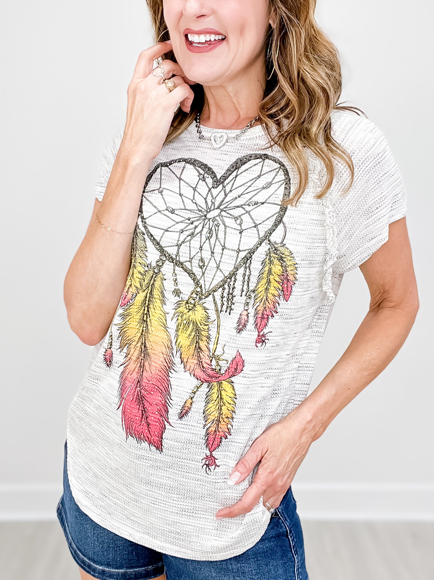 Heart Shape Dream Catcher Graphic Top with Ruffle Detail