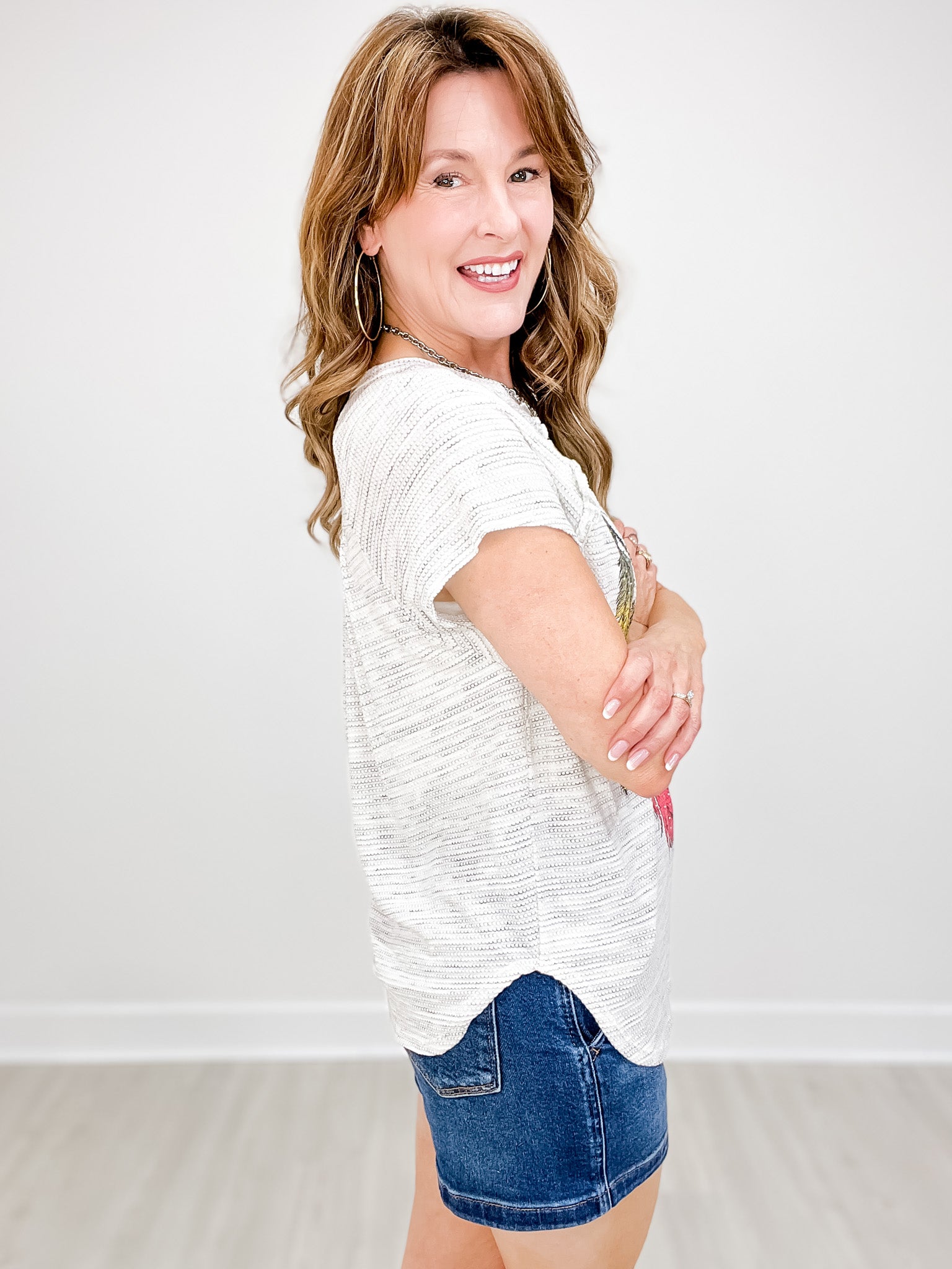 Heart Shape Dream Catcher Graphic Top with Ruffle Detail