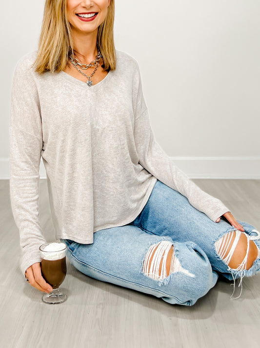 Slub Knit V-neck Long Sleeve Top