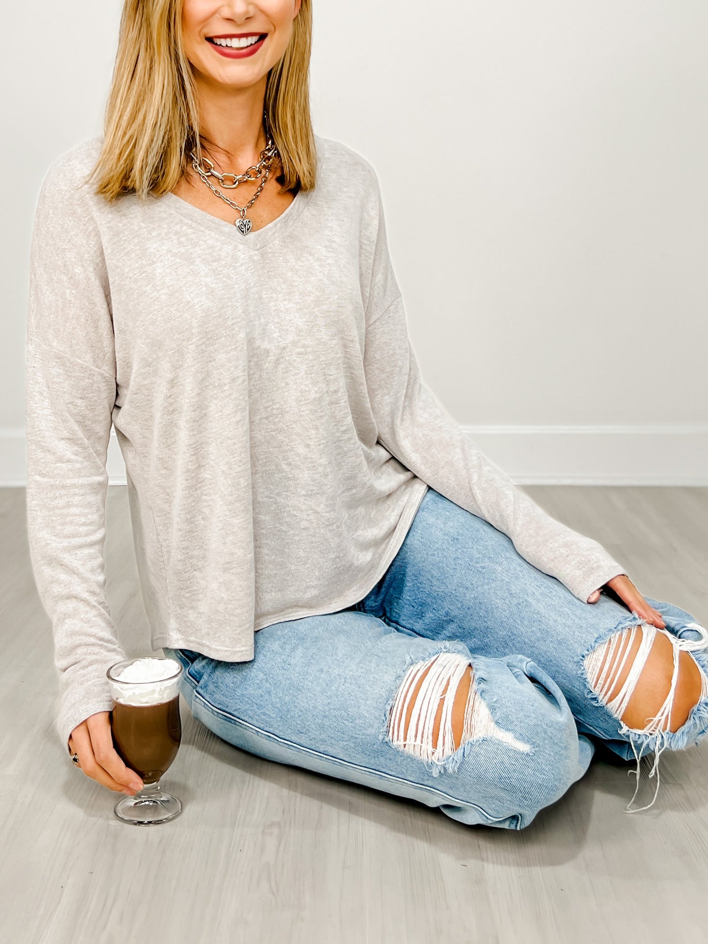 Slub Knit V-neck Long Sleeve Top