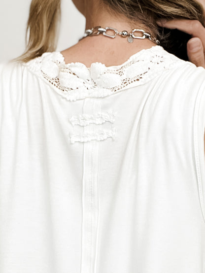 Lacy Dreams V-Neck Trim Detail Solid Sleeveless Knit Top