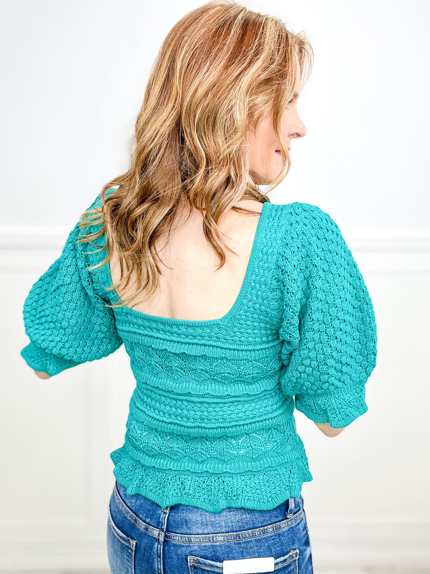 Square Neckline with Puffy Sleeves Crochet Top