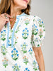 Short Puff Sleeve Color Contrast V-notched Neck Floral Top