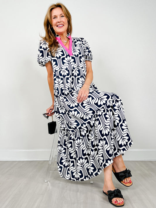 Midi Dress with Contrast Color Collar