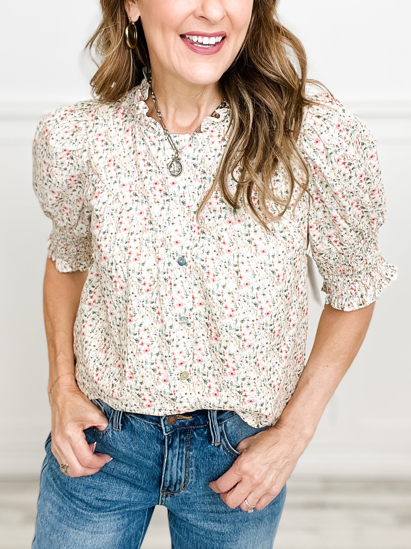 Cotton Floral Ruffle Collar Button-Down Shirt