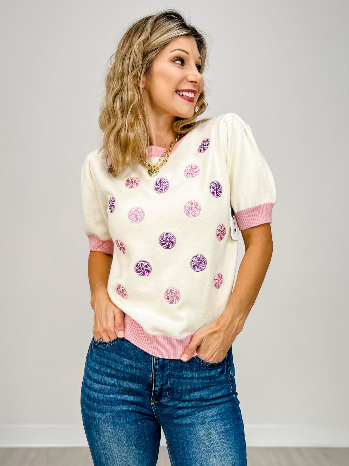 Glitter Peppermints on Puff Sleeve Knit Top