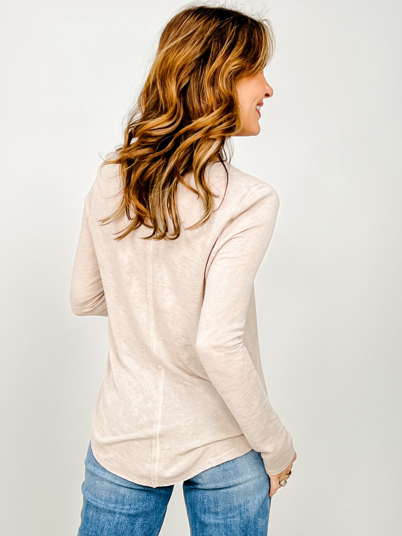 Slub Knit Split Center Long Sleeve Top