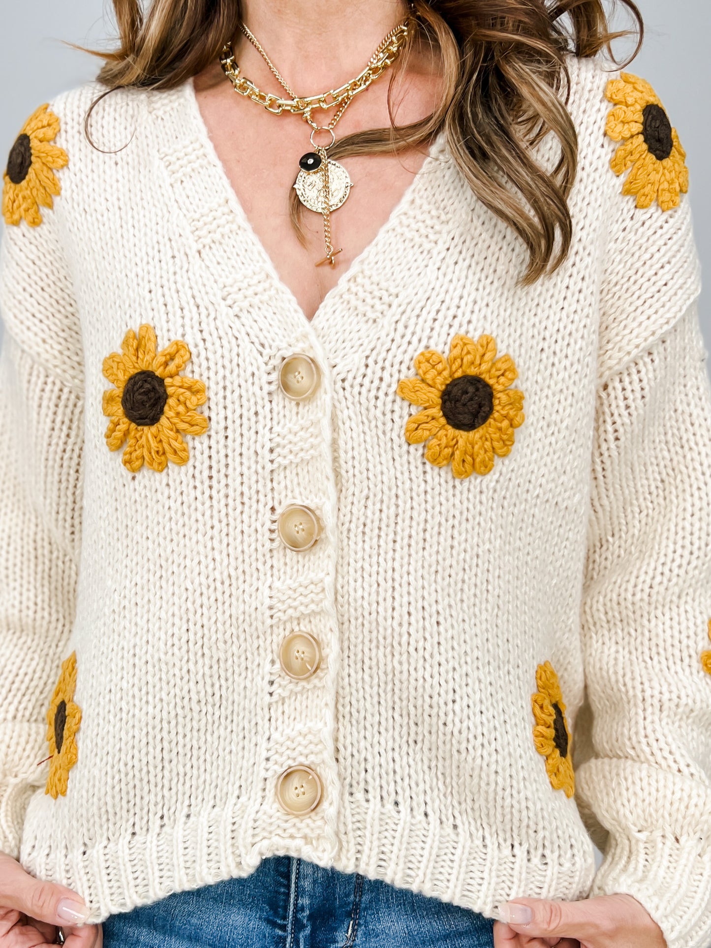 Sunflower Embroidered V Neck Cardigan