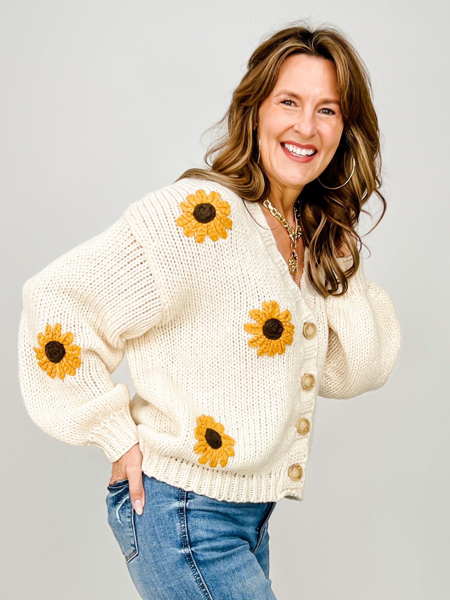 Sunflower Embroidered V Neck Cardigan