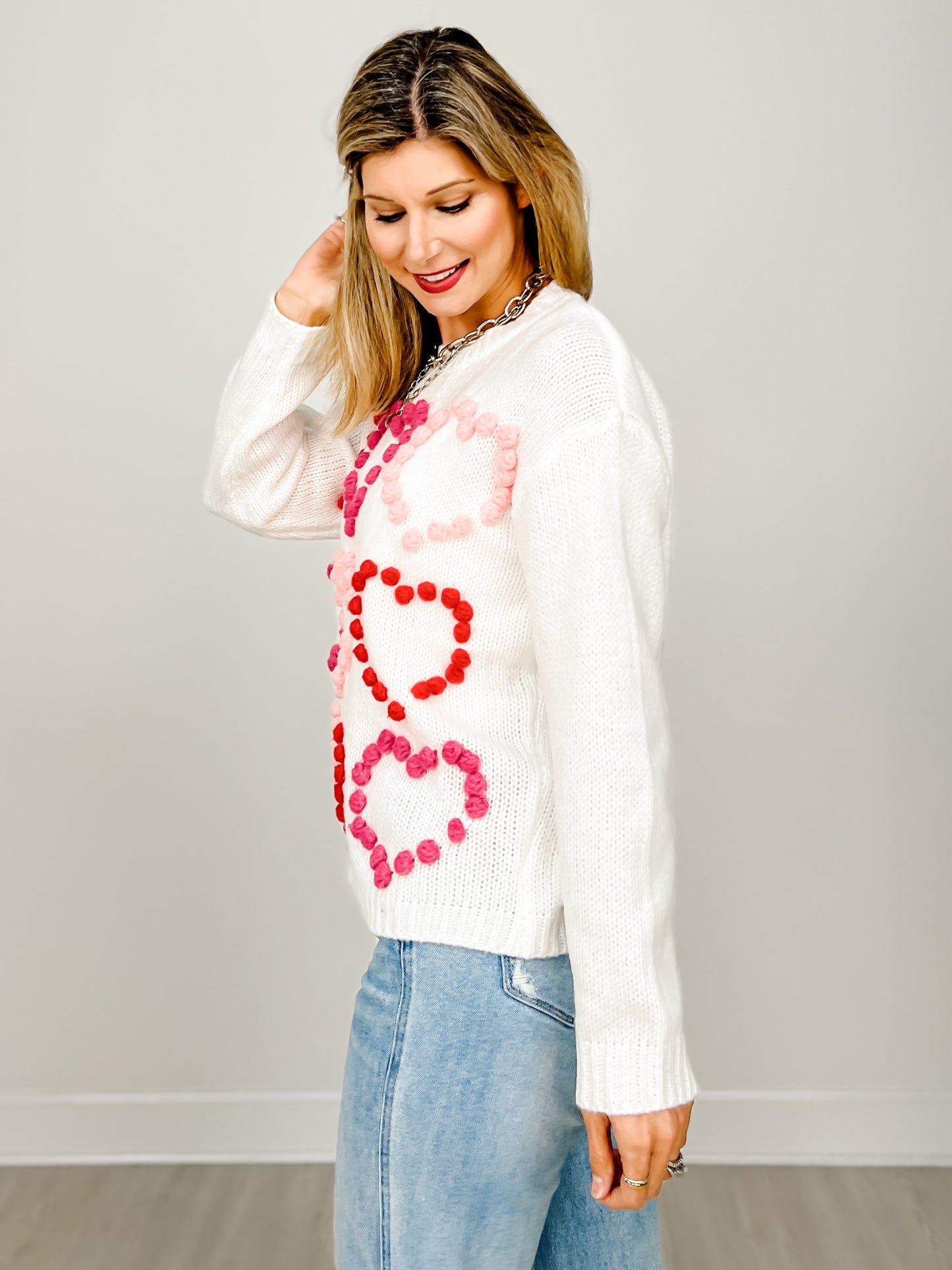 Multi Color Pom Pom Heart Valentine Sweater Top