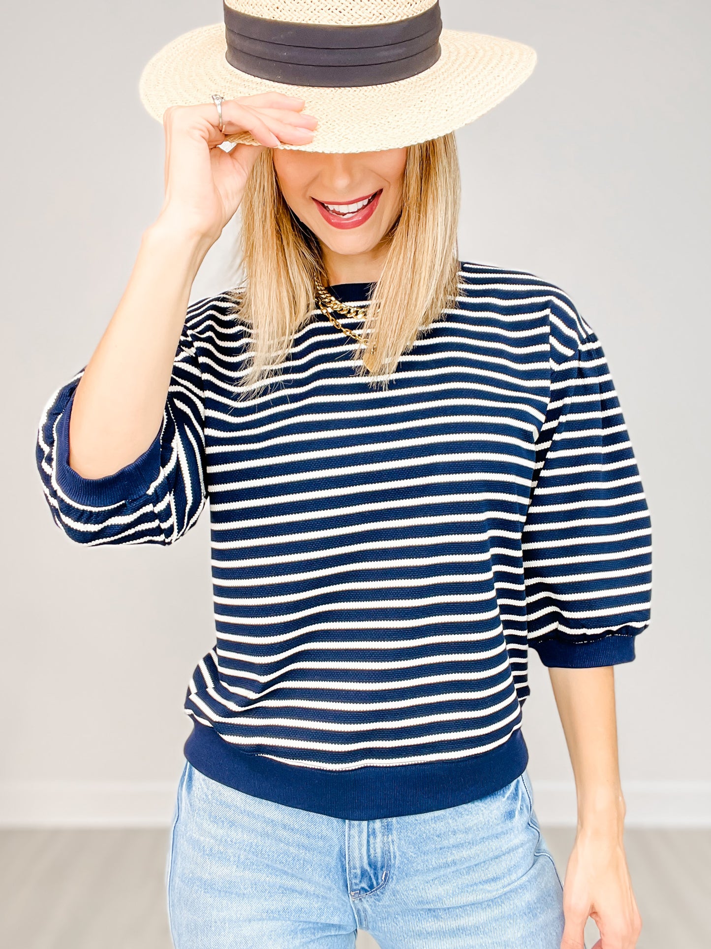 Drop Shoulder Striped 3/4 Bubble Sleeve Top