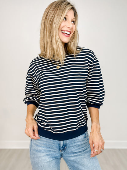 Drop Shoulder Striped 3/4 Bubble Sleeve Top