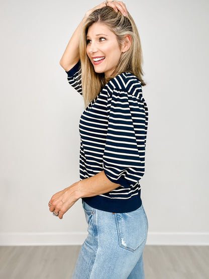 Drop Shoulder Striped 3/4 Bubble Sleeve Top