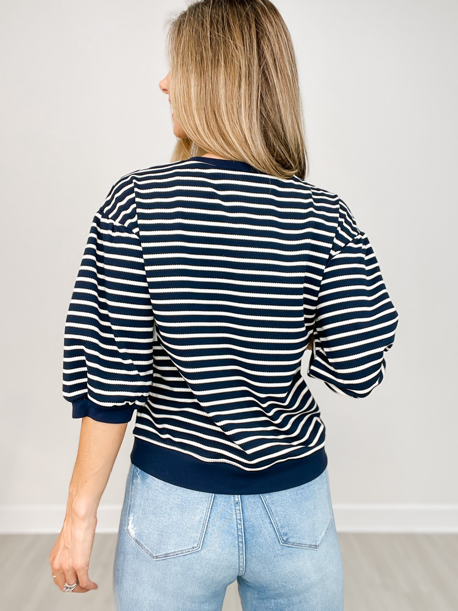 Drop Shoulder Striped 3/4 Bubble Sleeve Top