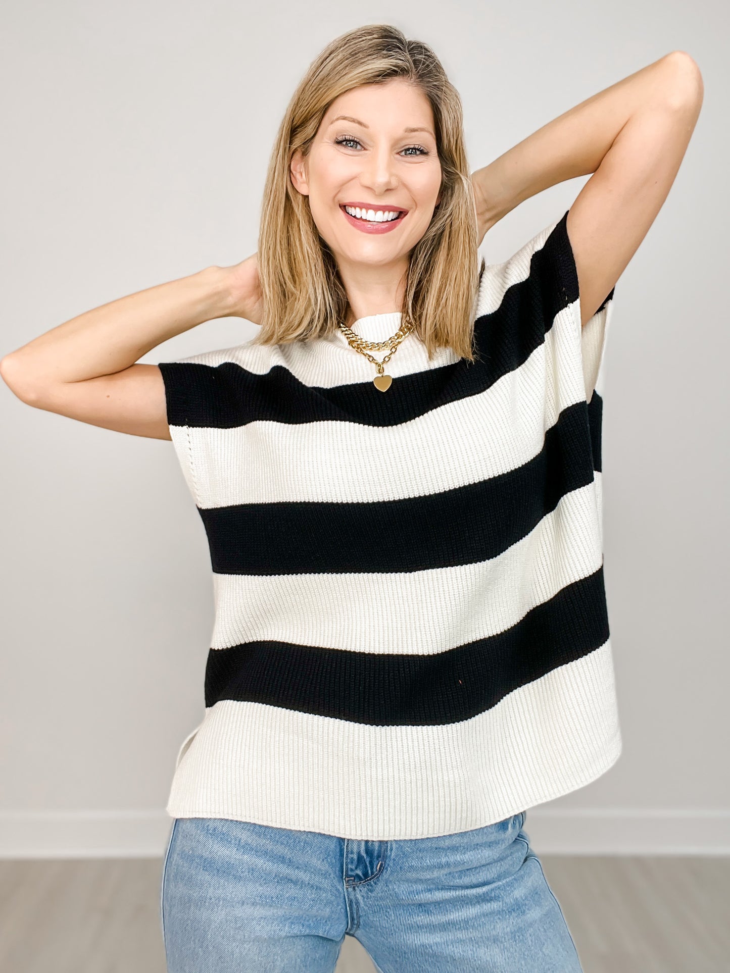 Slay Sleeve Striped U-Neck Knit Top